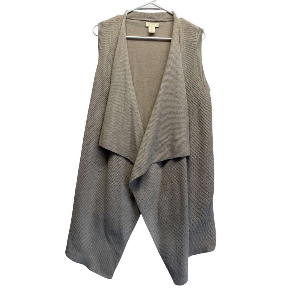 St Tropez West Cashmere Vest Taupe Draped Open Front Ribbed Knit Longline Small